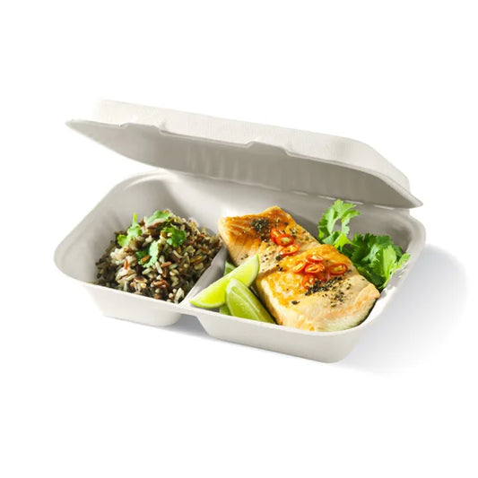 Bagasse: 9x6" 2 Compartment Clamshell Container