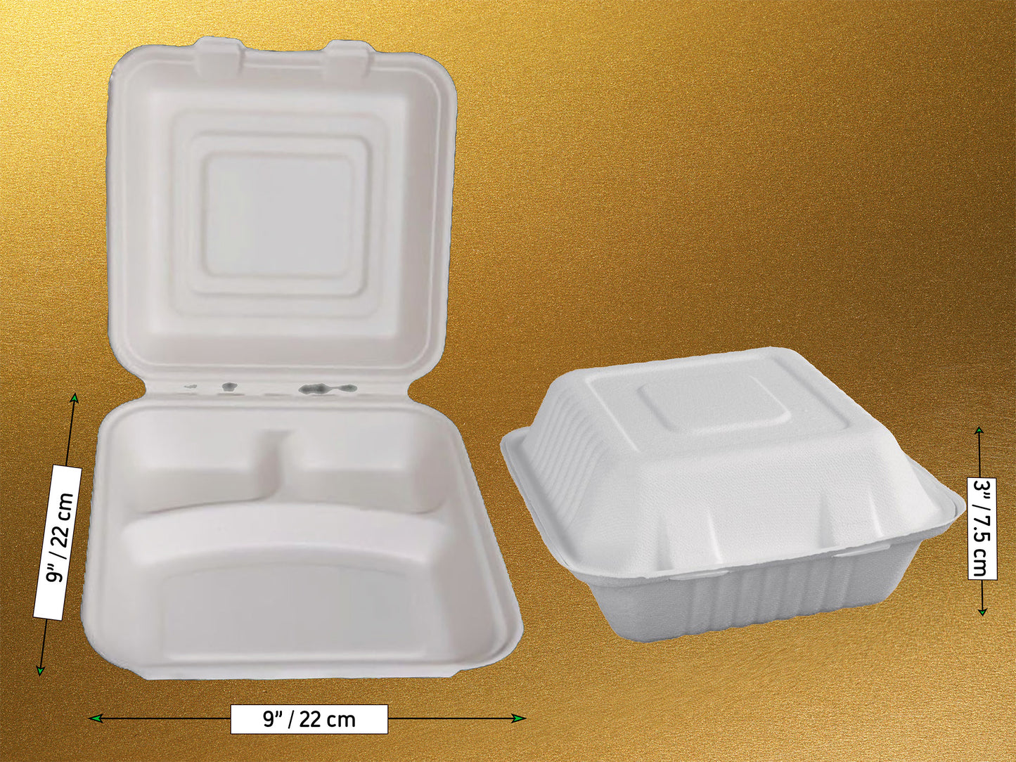 3 Compartment 9x9" Clamshell Container - Bagasse Sugarcane Fibre