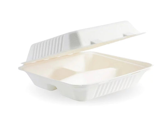 3 Compartment 9x9" Clamshell Container - Bagasse Sugarcane Fibre